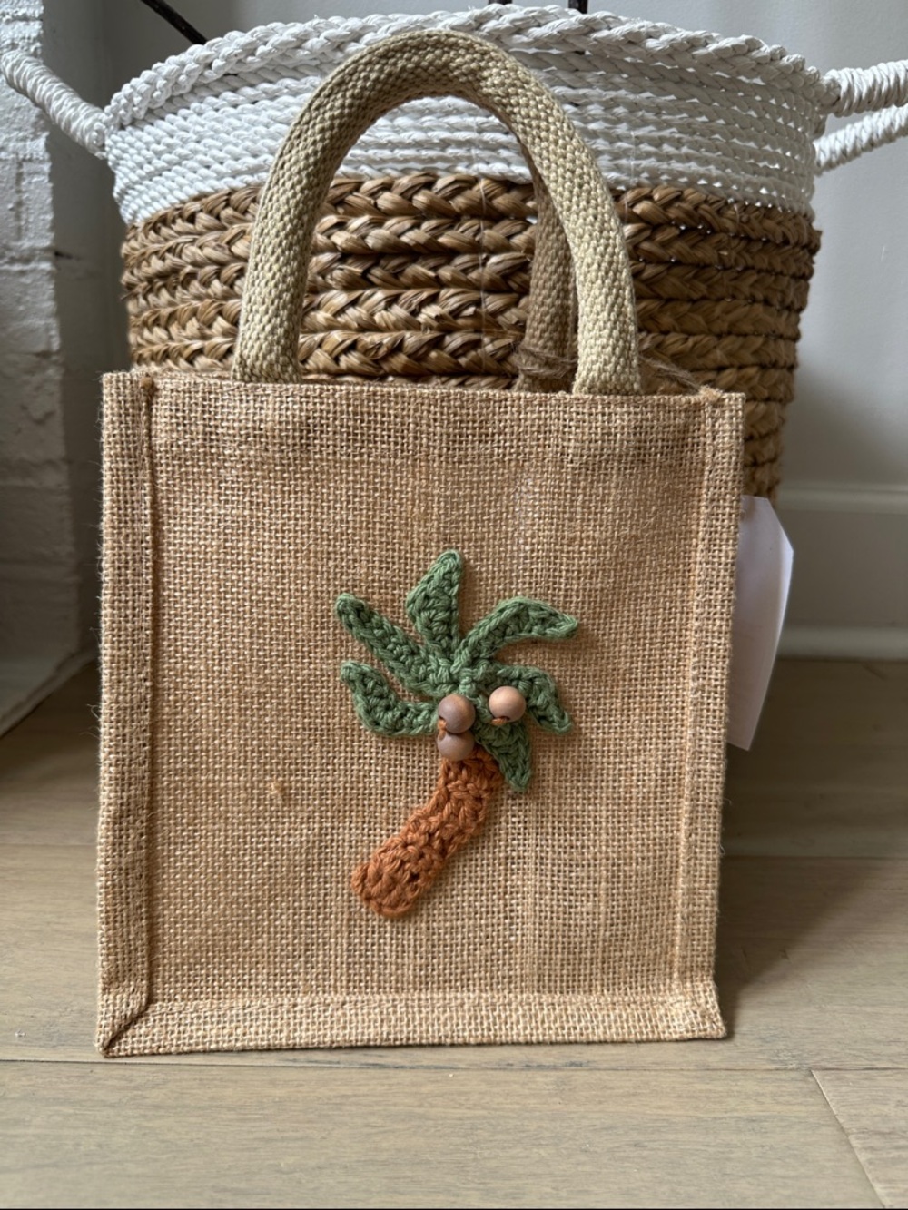Jute Palm Tree Mini Tote Bag with Crochet Palm Tree Applique